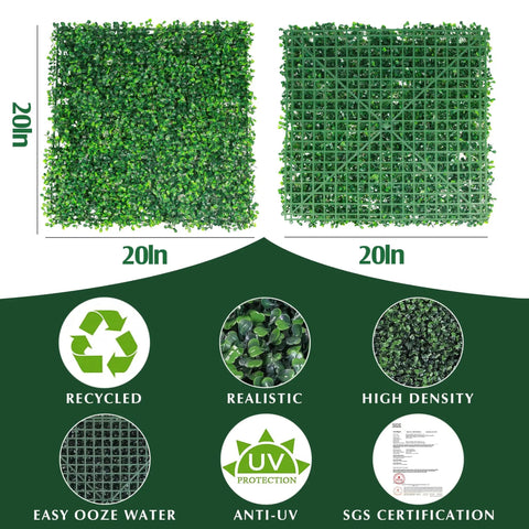 24 Pack 20x20 Inches Artificial Boxwood Panels For Privacy Hedge Screen Outdoor Indoor Garden Fence Backyard Decor UV Protected Realistic Dense Leaves No See Through Privacy Solution with front and back view of panels.