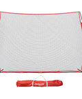 Portable Sports Barrier Net Great For Baseball Softball Lacrosse Tennis Football And More Two Size Options 12 Ft By 9 Ft Or 20 Ft By 10 Ft Includes Carry Bag Perfect Backyard Practice Net For Any Ball Over 2.5 Inches In Diameter, displayed with red frame and carry bag.