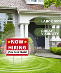 Now Hiring Signs Double Sided Yard Signs 17 Inches By 13 Inches With Stakes 2 Pack Corrugated Plastic Help Wanted Signs For Your Business Easy Install No Tools Needed Big Bold Letters displayed on a green lawn in front of a house.
