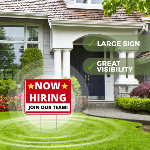 Now Hiring Signs Double Sided Yard Signs 17 Inches By 13 Inches With Stakes 2 Pack Corrugated Plastic Help Wanted Signs For Your Business Easy Install No Tools Needed Big Bold Letters displayed on a green lawn in front of a house.