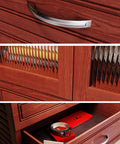 Close-up of Rock Solid Hardwood Reach In Closet System With Six Smooth Glide Drawers in rich red mahogany finish.