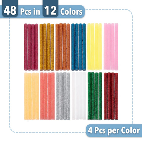 Glitter Hot Glue Sticks 4 By 0.27 Inch Mini Colored 48 Pack For Hot Glue Gun Assorted Colors Non Toxic Food Grade EVA Quick Drying Strong Bond Safe For Bible Scrapbooking And DIY Projects in 12 colors, 4 sticks per color