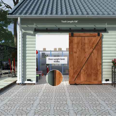 Installed Heavy Duty Exterior Sliding Barn Door Track Kit With Five Brackets 9 Foot Black Weatherproof Wall Mount Hardware on garage