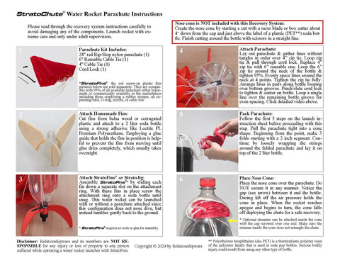 Instruction sheet for attaching Screw On Water Rocket Fins With Parachute Kit to 2L bottles, featuring parachute and fin assembly steps.