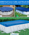 Heavy Duty 100 Foot Pool Cover Cable And Aluminum Winch Kit with blue cover installed on round, oval, and rectangular pools.