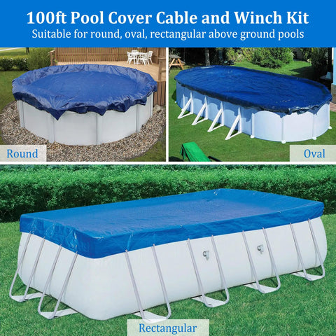 Heavy Duty 100 Foot Pool Cover Cable And Aluminum Winch Kit with blue cover installed on round, oval, and rectangular pools.