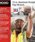 Worker using 14 Inch Aluminum Straight Pipe Wrench For 2 Inch Pipe Capacity With Quick Ratcheting Action in plumbing setup