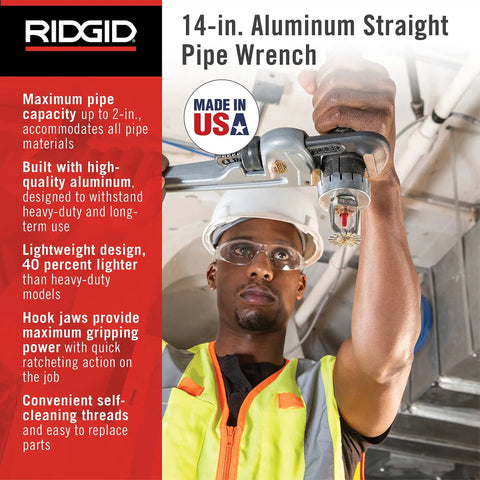 Worker using 14 Inch Aluminum Straight Pipe Wrench For 2 Inch Pipe Capacity With Quick Ratcheting Action in plumbing setup