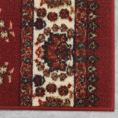Close-up of Non Slip Stair Treads Set Of 13 Oriental Peel And Stick Alfombras In Bold Red, 8x30 inches, polypropylene material