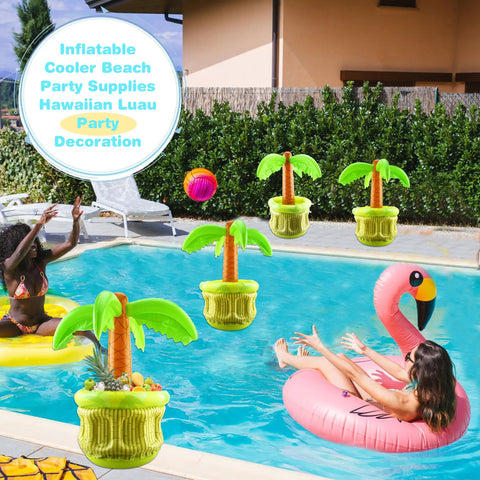 Three Pack 27 Inch Inflatable Palm Tree Coolers Giant Blow Up Drink Holders for Pool Party Beach Decor in use at poolside.