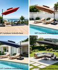 Outdoor Cantilever Umbrella Base with Wheels, 350 lb stand at poolside with 9-12 ft umbrellas, four different views