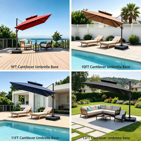 Outdoor Cantilever Umbrella Base with Wheels, 350 lb stand at poolside with 9-12 ft umbrellas, four different views
