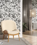 Room with chair against wall with Floral Vintage Peel And Stick Wallpaper With Rose Design Removable Vinyl, grid back visible