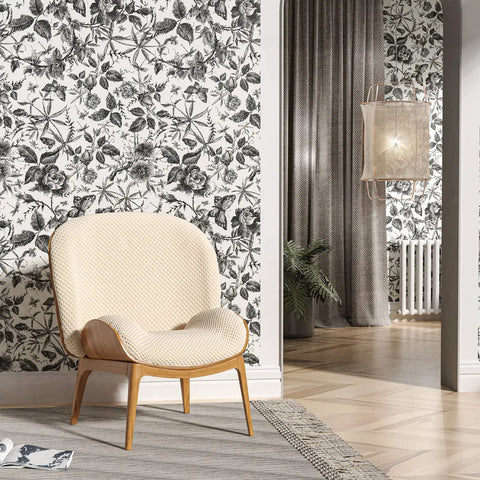 Room with chair against wall with Floral Vintage Peel And Stick Wallpaper With Rose Design Removable Vinyl, grid back visible