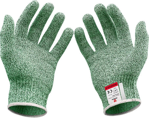 Cut Resistant Gloves Pro Grade Level 5 For Food Prep Ambidextrous And Machine Washable Ultra Comfortable Lightweight With 100 Percent Food Grade Safety Free Ebook Included, green knitted material, with safety certification label visible