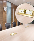 Dual Pop Up Floor Box Kit With Brass Cover, 20A Tamper Resistant Receptacles And RJ45 Data Ports installed in conference room table