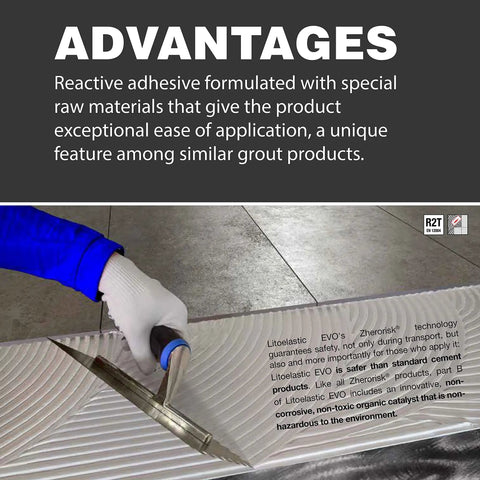 Person applying Pro-Grade Two-Component Reactive Adhesive For Ceramic, Mosaic And Stone Tiles to a floor.
