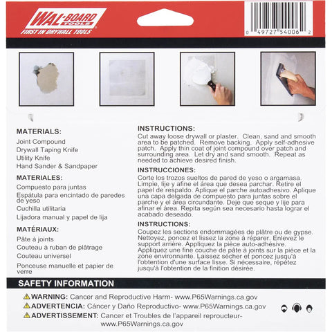 Image showing instructions for Wal-Board drywall repair with materials list and safety warnings on drywall patches kit with rustproof aluminum plate.