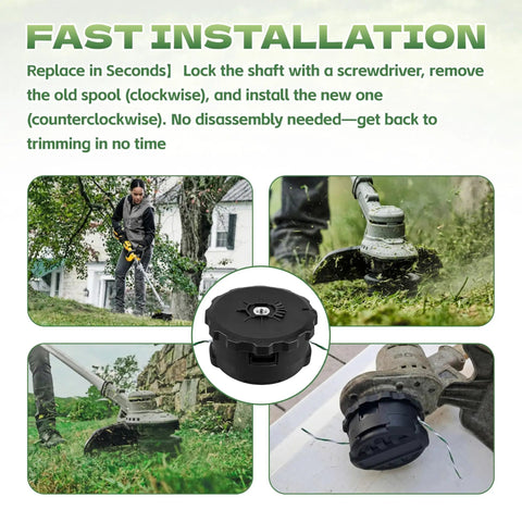 Fast installation of String Trimmer Head With Quickfeed Bump-Feed Replacement For Dewalt 20V-60V Trimmers in various views.