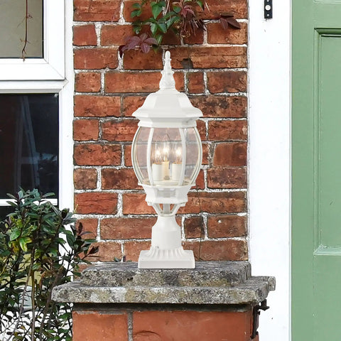 Three Light Outdoor Post Lantern With Clear Beveled Glass Panels In White Finish 21 Inch Tall Traditional Post Mount Lighting