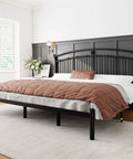 Classic King Size Metal Bed Frame With Sculpted Headboard And Vintage Romance Vibes Built Rock Solid On Thick Black Steel With Thirteen Hardened Slats For A Dead Silent Rest Plus Twelve Inch Underbed Storage For Super Easy Room Setup in a modern bedroom setting.
