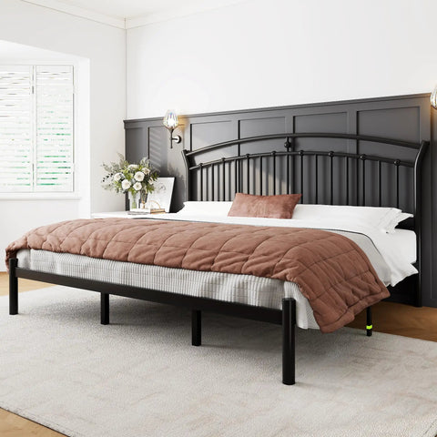 Classic King Size Metal Bed Frame With Sculpted Headboard And Vintage Romance Vibes Built Rock Solid On Thick Black Steel With Thirteen Hardened Slats For A Dead Silent Rest Plus Twelve Inch Underbed Storage For Super Easy Room Setup in a modern bedroom setting.