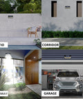 Collage showing 100 LED Solar Outdoor Lights With Adjustable Modes for patio, corridor, doorway, and garage.