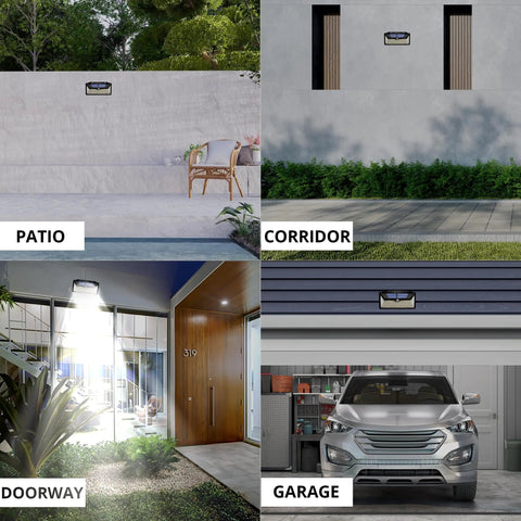 Collage showing 100 LED Solar Outdoor Lights With Adjustable Modes for patio, corridor, doorway, and garage.