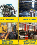 Self Emulsifying Solvent Degreaser For Heavy Grease And Grime Cleanup, 5 Gallon Industrial Degreaser application examples: boat engines, shop floors, industrial and automotive equipment.
