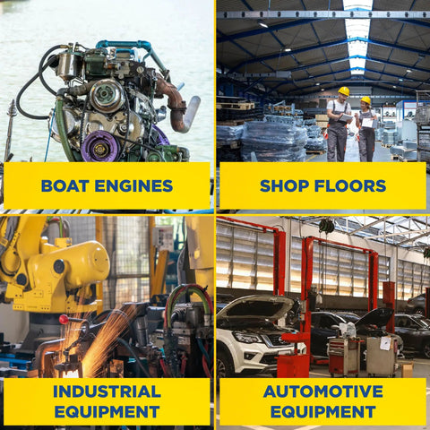 Self Emulsifying Solvent Degreaser For Heavy Grease And Grime Cleanup, 5 Gallon Industrial Degreaser application examples: boat engines, shop floors, industrial and automotive equipment.