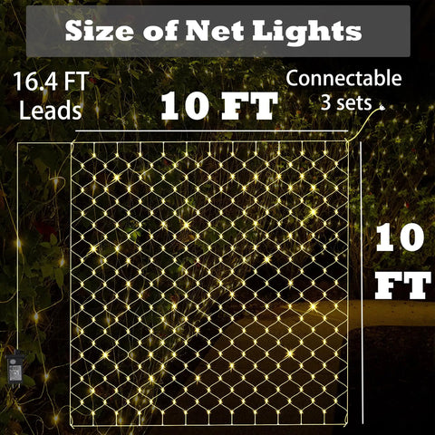 Diagram showing size of Outdoor Fairy Net Lights 270 LED Chandelier for Gazebo and Pergola, 10x10 ft grid with 16.4 ft leads.