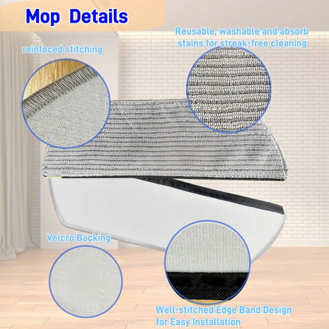 Replacement Mop Pads For Robot Vacuums, Washable Reusable Microfiber Soft Pads with reinforced stitching and Velcro backing.