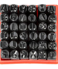 Top view of the Number And Letter Punch Set With Heat Treated Steel Punches For Imprinting And Arts And Crafts For Hobbyists One Quarter Inch Shaft 36 Piece Stamp Kit For Beginners