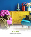 Colorful living room decor with pink and teal chairs, yellow sideboard, emphasizing CRI 90+, ideal for 6 Inch Gimbal LED Recessed Light.