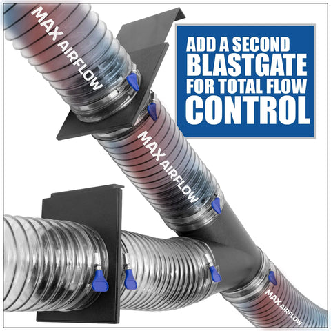 Image showing ABS plastic blast gates with dual ports for 4 inch hoses in a dust collection system, maximizing airflow control.