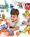 7 In 1 Mechanical Building Kit For Kids Aged 7 To 12, 171 Piece Construction Set With Bonus Model And 25 Spare Parts, Build 7 Cars And More For Hands On Engineering Fun, The Ultimate Birthday Gift. Boy building colorful 171-piece 7-in-1 plastic models