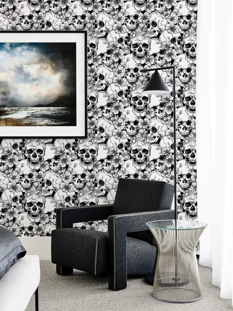 Dope Gothic Peel And Stick Wallpaper With Sugar Skull Floral Pattern For Bedroom In Black And White Removable Accent Wall Decor
