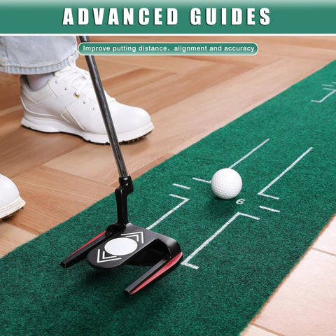 Indoor Golf Putting Green Mat For Home Practice With Hazard Bunker And Water Challenge, Premium Non Slip Surface shown in use