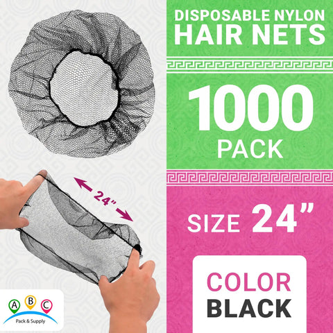 Hands holding black hair net, Disposable No Fuss Hair Nets For Food Service Black Nylon 28 Inch Pack Of 100 with label.