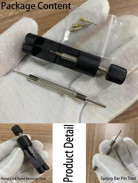 Watch Band Link Removal Kit For Metal And Stainless Steel Bands Pro Grade Tool Free Sizing Pin Remover with tools on glove.