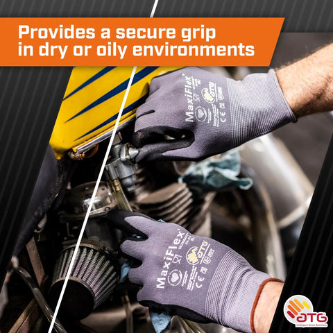 Grippy Foam Nitrile Palm Coated Work Gloves With Knit Wrist For Dirt And Debris Protection, Great Oil Grip, shown in use.