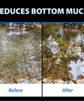 Before and after image showing the effect of MuckOff Natural Pond Muck Treatment For Water Gardens Fountains And Bird Baths Sludge Be Gone With Beneficial Bacteria And Enzymes Easy To Use Safe For Fish Pets And All Aquatic Life 48 Tablets