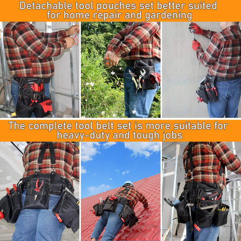 16 Pocket Tool Belt With Suspenders Large Capacity Detachable Pouches And Back Support For Electricians Carpenters Construction Pros Handymen With 2 Hammer Holders And Tape Holder Chain 7 Detachable Components