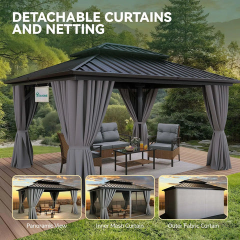 10x12 Ft Hard Top Aluminum Frame Gazebo With Double Roof Canopy For Patios Backyards Decks And Lawns Gray Built To Last With Curtains And Netting Weatherproof Metal Shelter For Outdoor Gatherings And Relaxing Moments