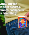 Person placing On-The-Go Pocket Pack Facial Tissues 8 Pack Bundle, 3-Ply Tissues With 10 Per Pack, in back pocket, ideal for travel.