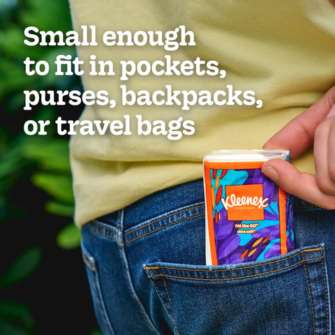 Person placing On-The-Go Pocket Pack Facial Tissues 8 Pack Bundle, 3-Ply Tissues With 10 Per Pack, in back pocket, ideal for travel.