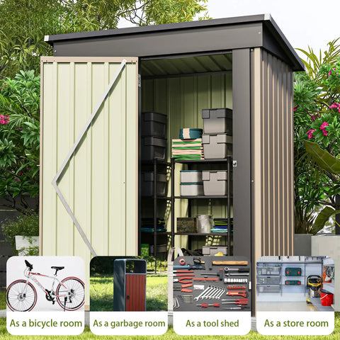 5x3 Ft Outdoor Storage Shed With Sloped Roof And Lockable Door Heavy Duty Metal Construction For Backyard, tools inside.