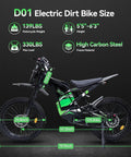 D01 Electric Dirt Bike dimensions display showing 139LBS weight, 5'5"-6'3" height range, and high carbon steel frame.