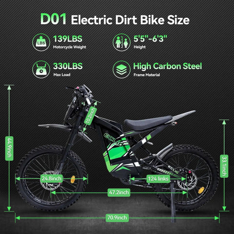 D01 Electric Dirt Bike dimensions display showing 139LBS weight, 5'5"-6'3" height range, and high carbon steel frame.