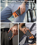 Person holding MagSafe Wallet With Money Clip For iPhone 17 Through 12 Series, concealed in pocket, showcasing slim design.